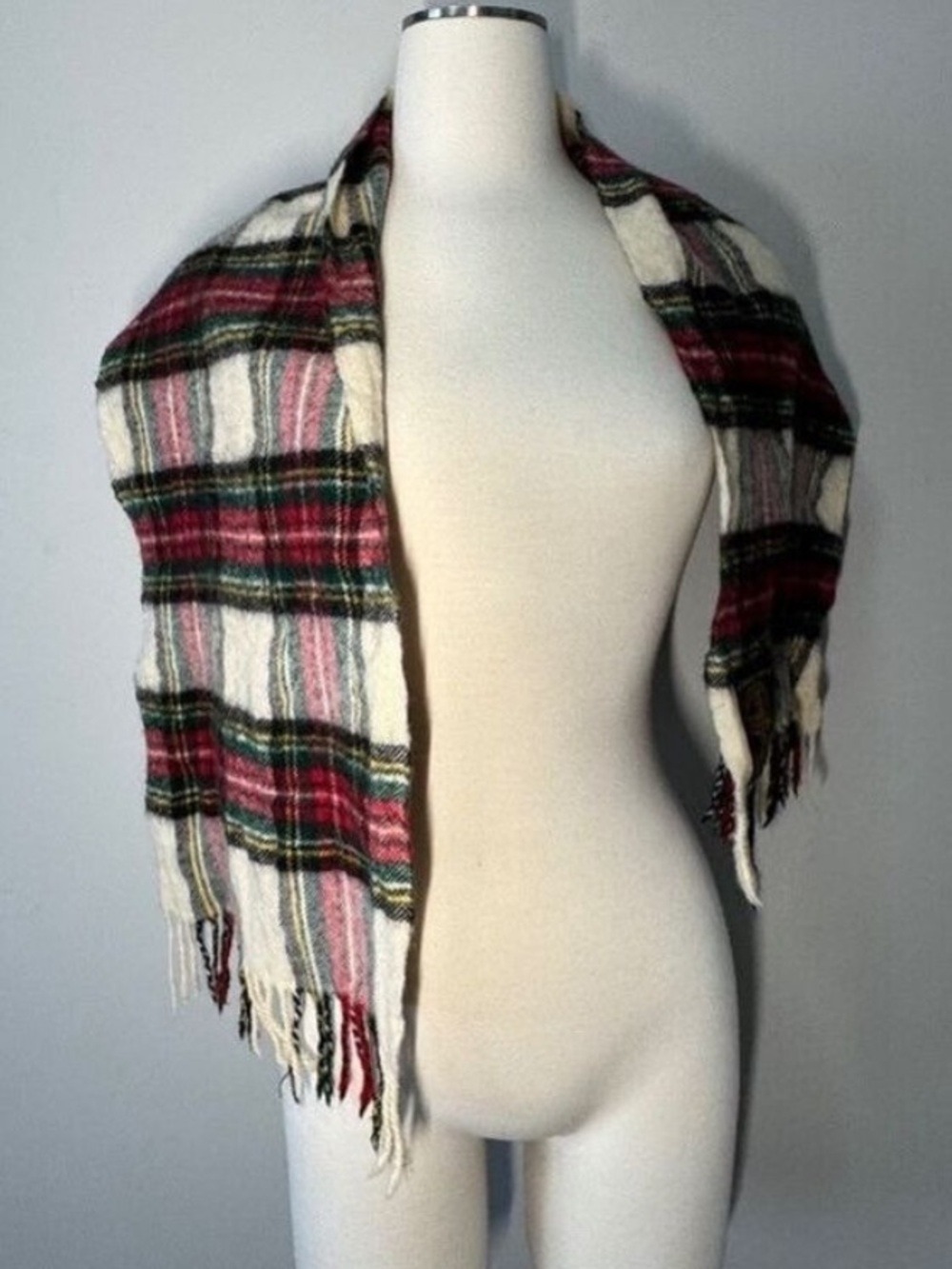 Plaid Fringe Scarf - Red, Green, White wool